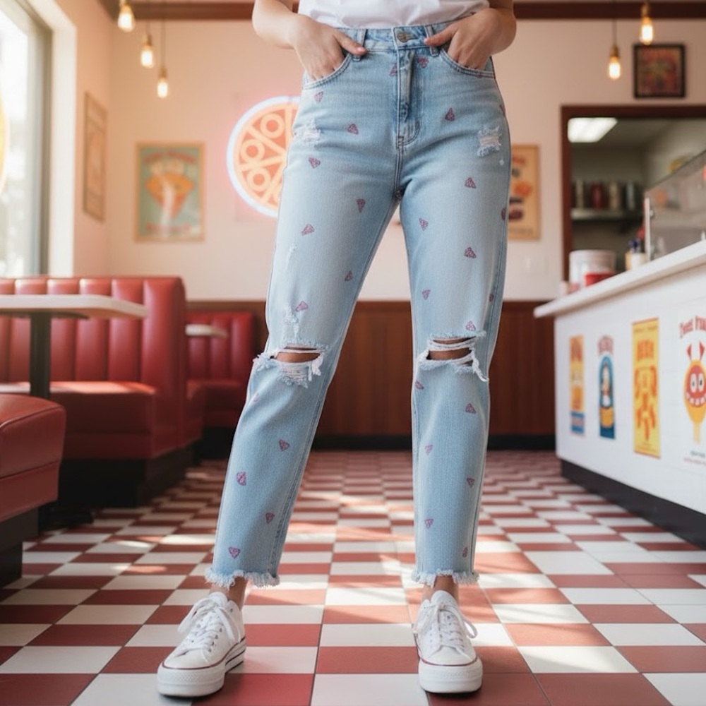 Distressed Light Blue Jeans embroidered pizzas